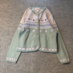 Vintage 1980s Cally-Ho Wool Knit Cardigan Sweater Floral Size L